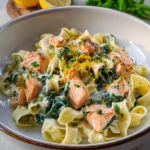Bandnudeln mit Lachs und Spinat in cremiger Sauce