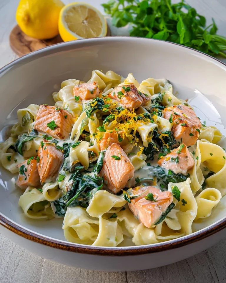 Bandnudeln mit Lachs und Spinat in cremiger Sauce