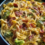 Cremige Pastapfanne mit Brokkoli und turkey bacon