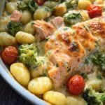 Cremiger Gnocchi Auflauf mit Lachs, Brokkoli und Tomaten