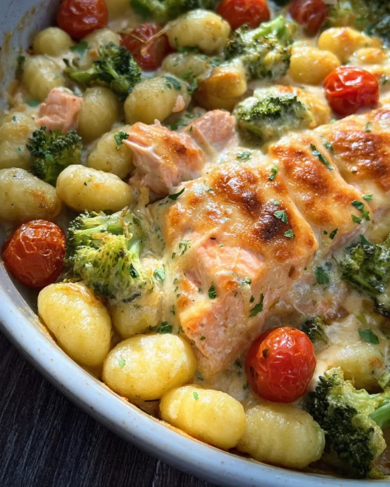 Cremiger Gnocchi Auflauf mit Lachs, Brokkoli und Tomaten