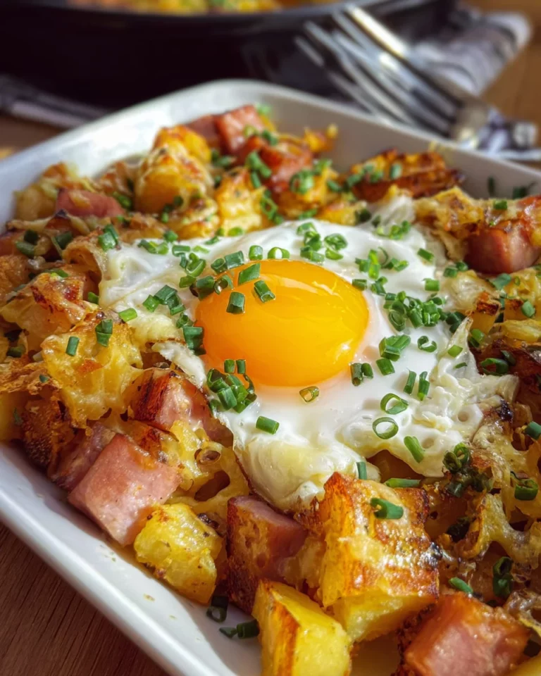 Leberkäse-Kartoffelauflauf mit Spiegelei