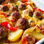 Leckerer Kartoffelauflauf mit chicken bratwurst