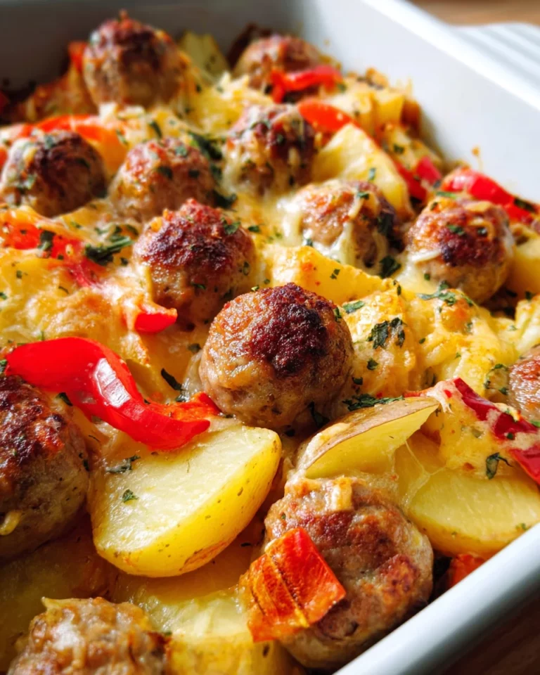 Leckerer Kartoffelauflauf mit chicken bratwurst
