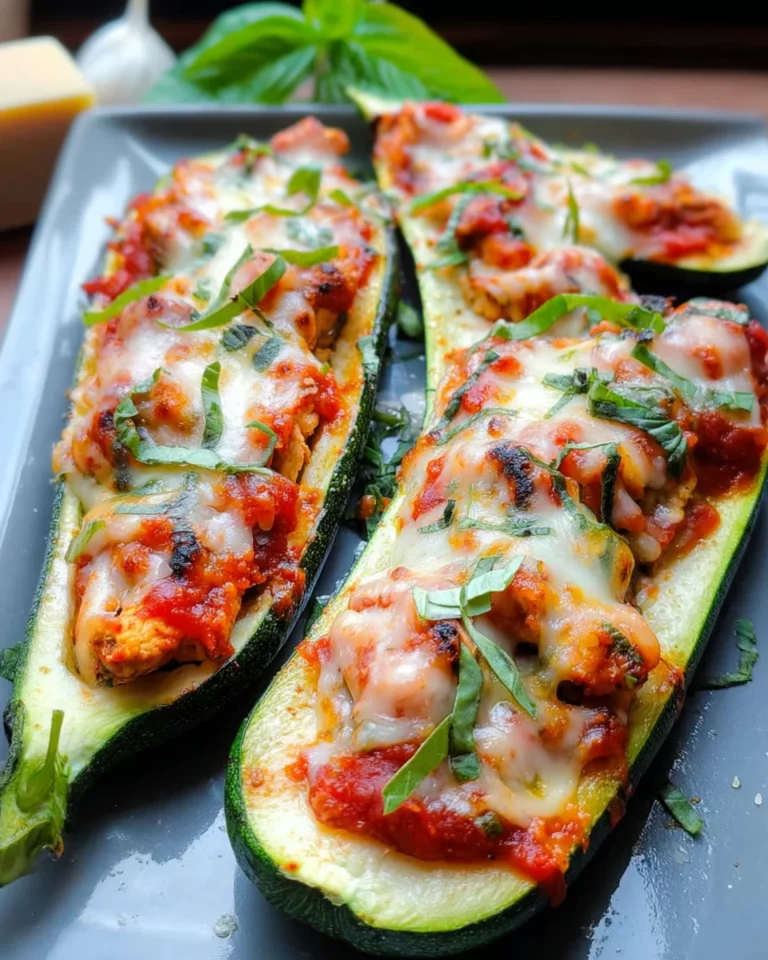 Low Carb Gefüllte Zucchini mit Hähnchen, Tomatensauce und Parmesan