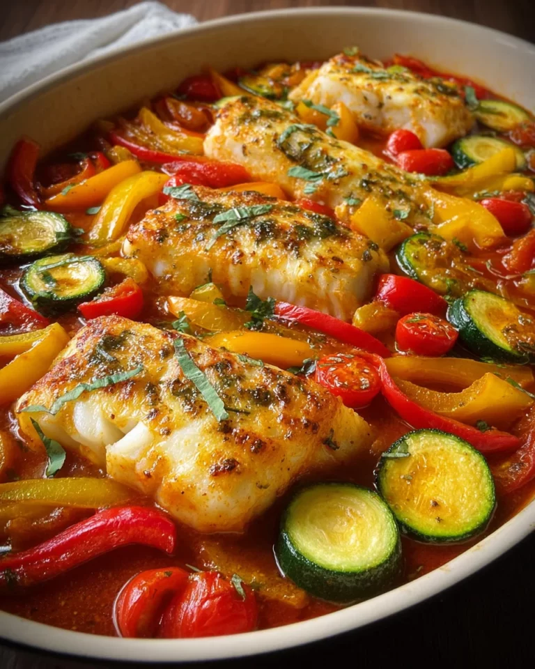 Mediterraner Fischauflauf mit Kabeljau, Paprika & Zucchini