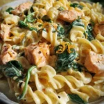 Nudeln in Lachs Sahne Soße mit Spinat