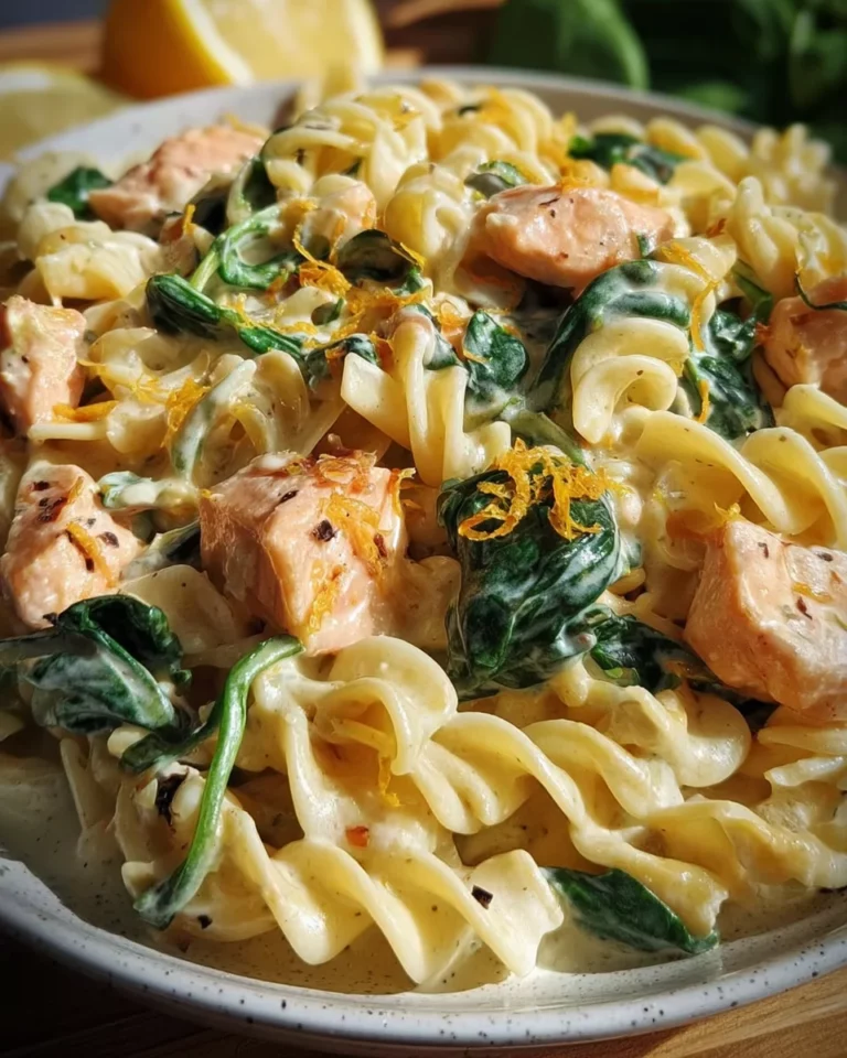 Nudeln in Lachs Sahne Soße mit Spinat