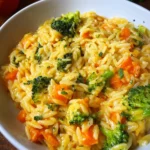 One Pot Orzo-Pasta mit Brokkoli, Möhren und Cheddar