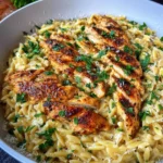 Orzo One Pot Pasta Alfredo mit gebratenem Hähnchen