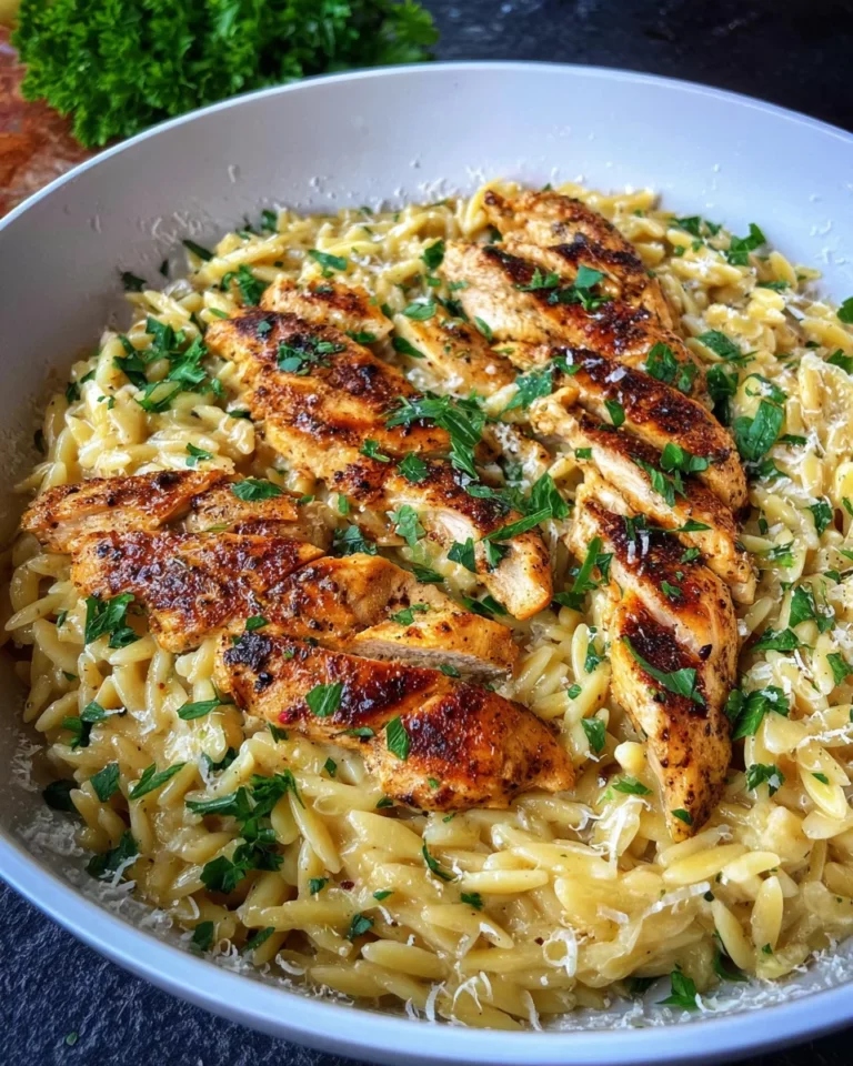 Orzo One Pot Pasta Alfredo mit gebratenem Hähnchen