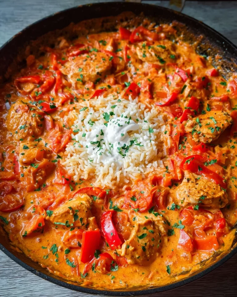 Paprika-Hähnchen-Pfanne mit Reis - cremig & lecker