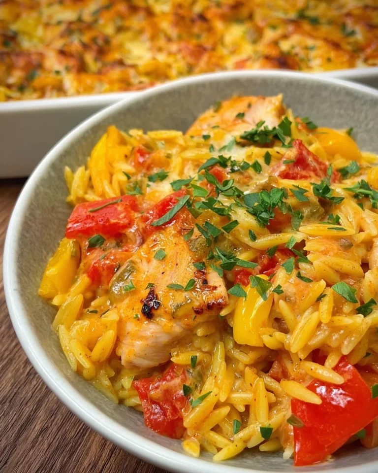 Paprika Sahne Hähnchen mit Orzo Nudeln aus dem Ofen