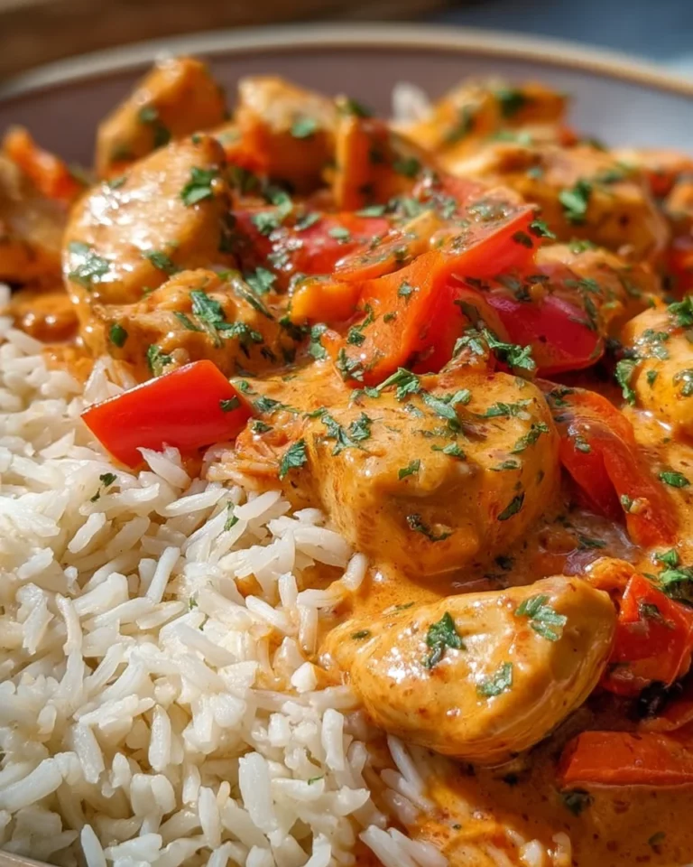 Paprika Sahne Hähnchen mit Reis
