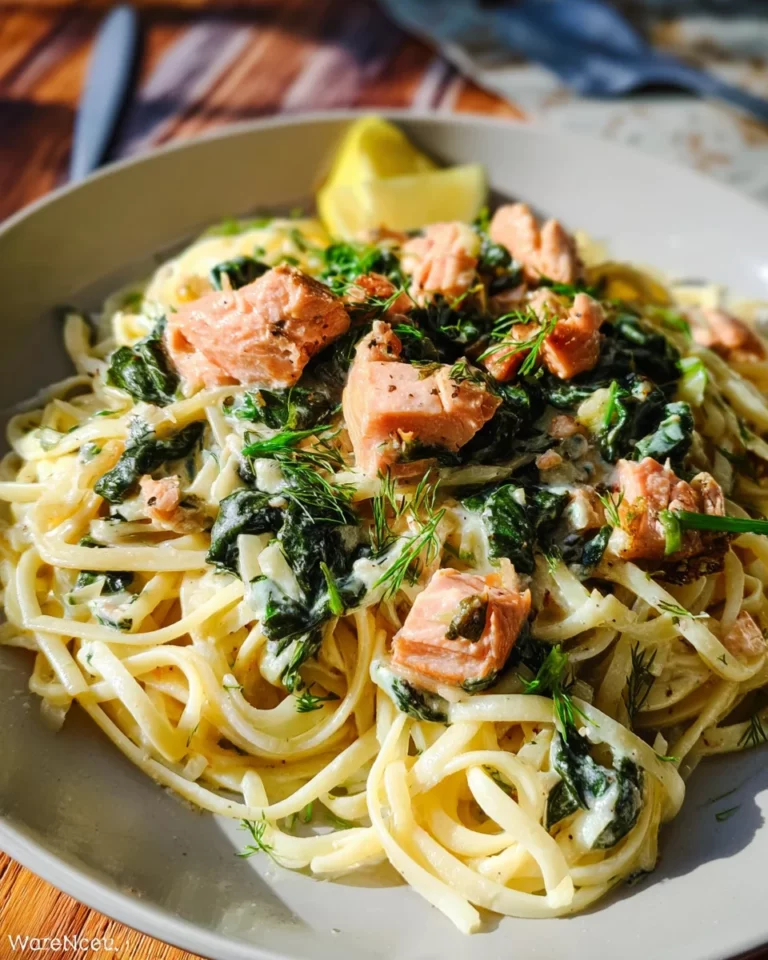 Pasta mit Lachs und Spinat in Sahnesoße.