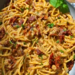 Spaghetti mit karamellisierten Zwiebeln, Speck und getrockneten Tomaten
