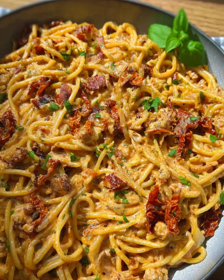 Spaghetti mit karamellisierten Zwiebeln, Speck und getrockneten Tomaten