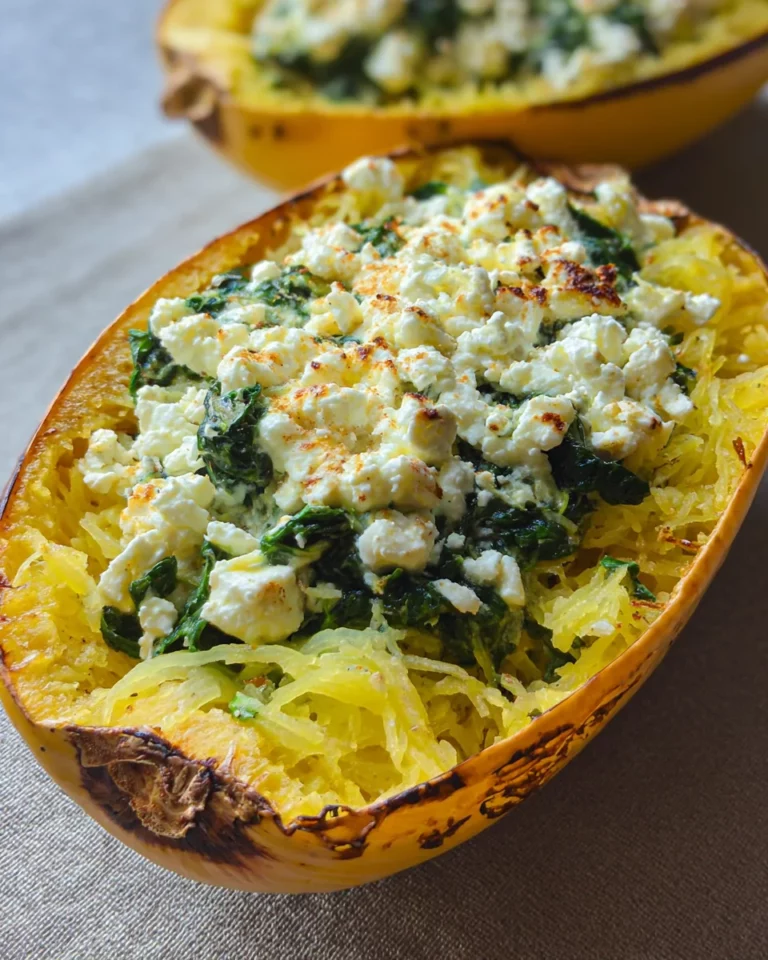 Spaghettikürbis mit Spinat und Feta