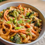 Udon Nudeln mit Erdnusssauce und Gemüse