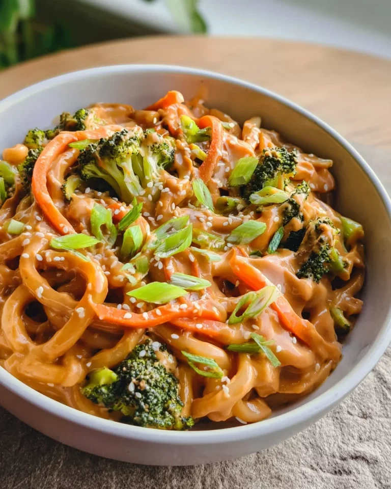 Udon Nudeln mit Erdnusssauce und Gemüse