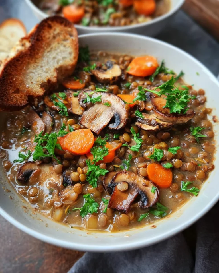 Veganer Linseneintopf mit Champignons und Möhren